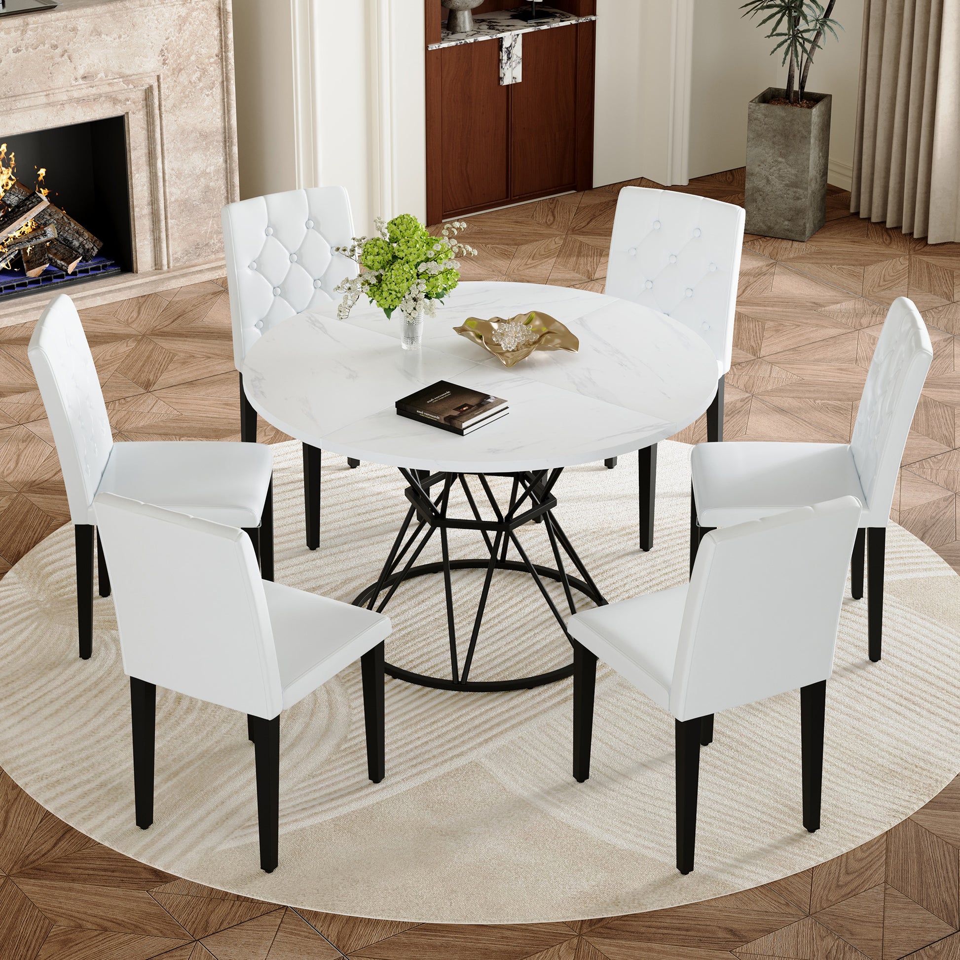 Table and chair set. A circular white MDF dining table with a diameter of 47.3 inches,black hourglass shaped metal brackets.Paired with 6  PU chairs with decorative buckle design on the backrest.