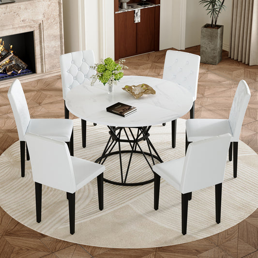 Table and chair set. A circular white MDF dining table with a diameter of 47.3 inches,black hourglass shaped metal brackets.Paired with 6  PU chairs with decorative buckle design on the backrest.