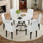 Table and chair set. A circular white MDF dining table with a diameter of 47.3 inches,black hourglass shaped metal brackets.Paired with 6  PU chairs with decorative buckle design on the backrest.