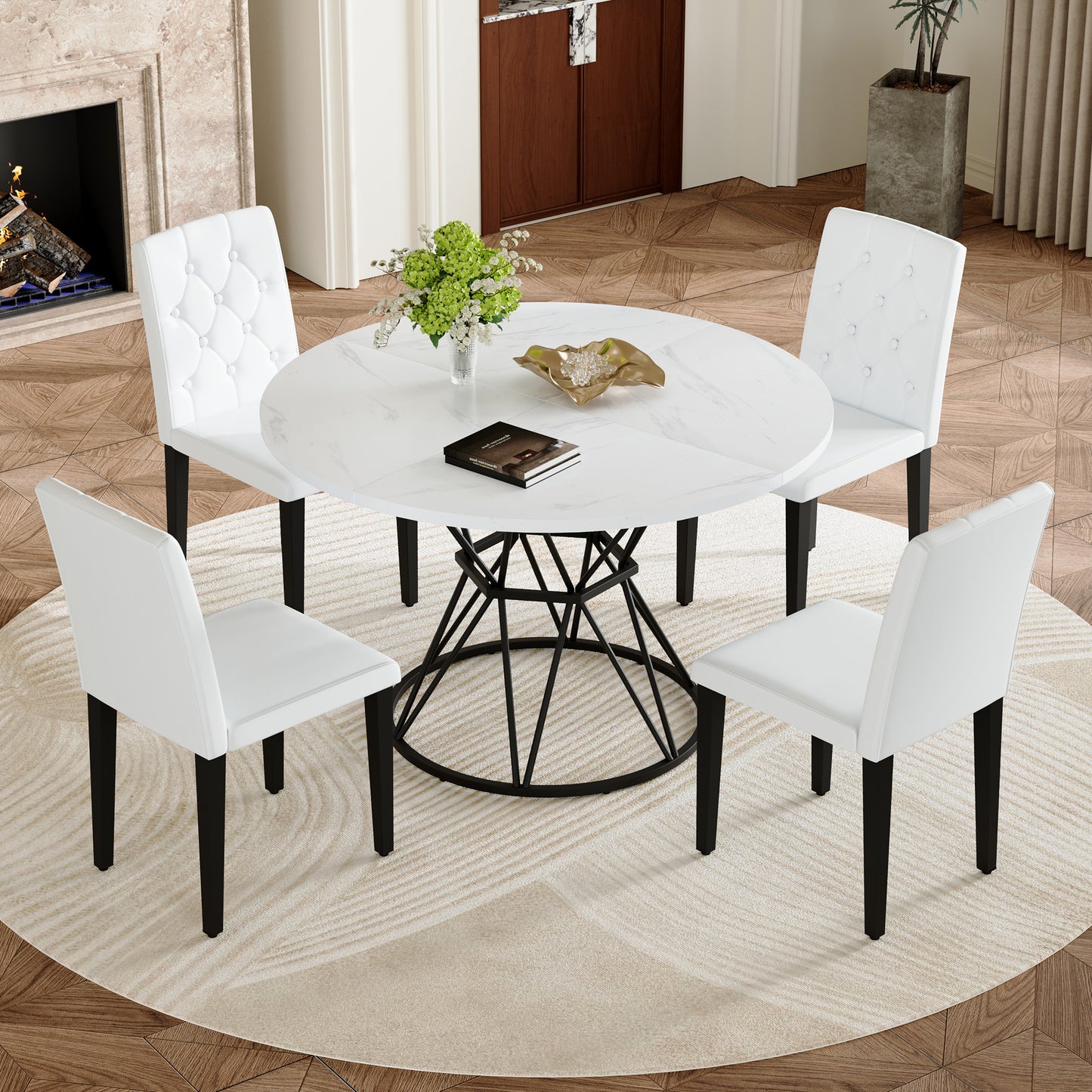 Table and chair set. A circular white MDF dining table with a diameter of 47.3 inches,black hourglass shaped metal brackets.Paired with 4 white PU dining chairs: ergonomic buckle backrest.