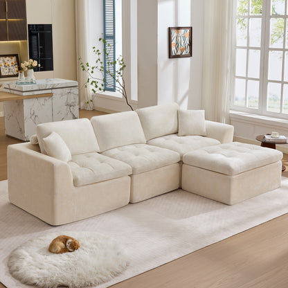 110" Cloud Sectional Couch for Living Room, Upholstered L-Shape Modular Sofa with Movable Ottoman, 3-Seater Deep-Seat Foam Couch, Comfortable Convertible Sectional for Home & Apartment