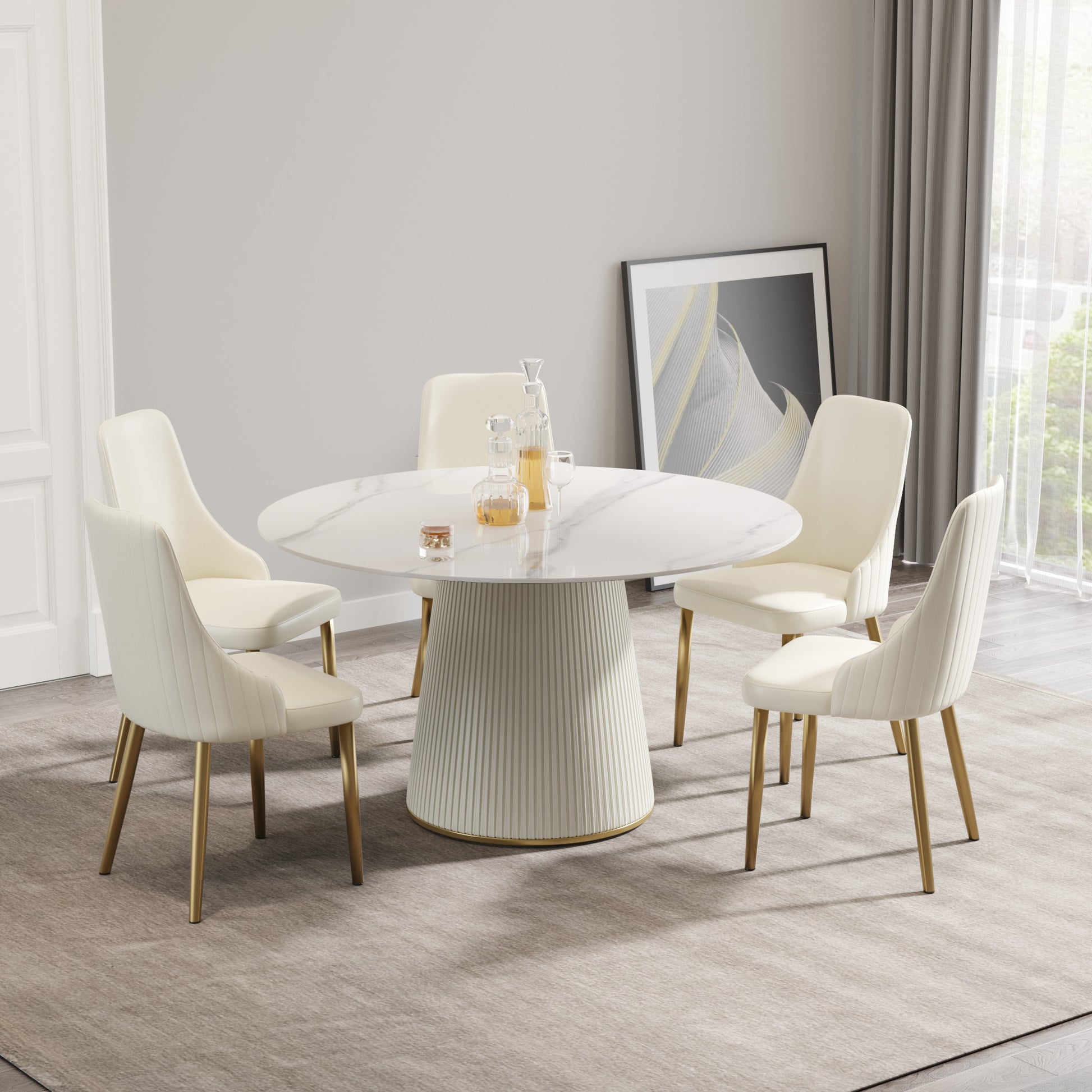 53.15 "Modern white artificial stone round beige plywood PU base dining table-can accommodate 6 people. (With 6 chairs)