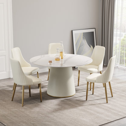 53.15 "Modern white artificial stone round beige plywood PU base dining table-can accommodate 6 people. (With 6 chairs)