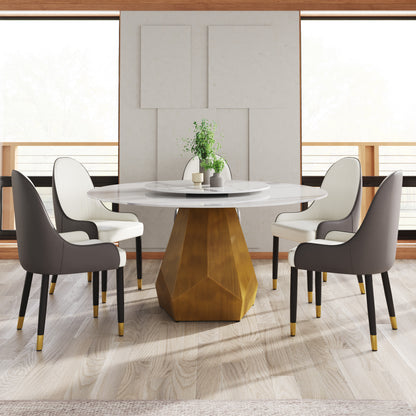 59.05" Round Marble Dining Table with Metal Base, Artificial Marble for 6-8 People, 31.5"White Artificial Stone Turntable,White (With 6 Chairs)