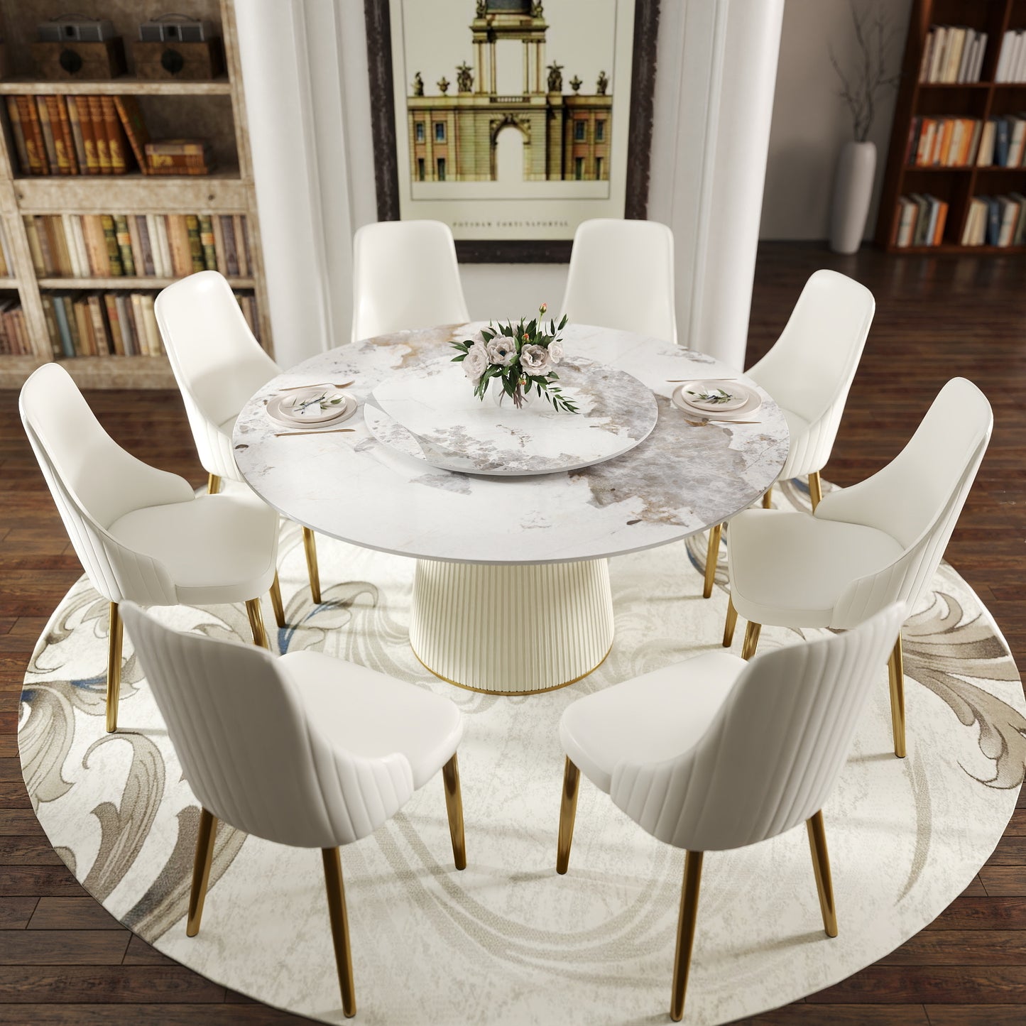 59.05 "Modern White Artificial Stone Round Beige Plywood Pu Base Dining Table-31.5"White Artificial Stone Turntable-Can Accommodate 6-8 People-With 8 chairs