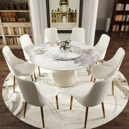 59.05 "Modern White Artificial Stone Round Beige Plywood Pu Base Dining Table-31.5"White Artificial Stone Turntable-Can Accommodate 6-8 People-With 8 chairs