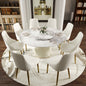 59.05 "Modern White Artificial Stone Round Beige Plywood Pu Base Dining Table-31.5"White Artificial Stone Turntable-Can Accommodate 6-8 People-With 8 chairs