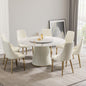 59.05 "Modern White Artificial Stone Round Beige Plywood Pu Base Dining Table-31.5"White Artificial Stone Turntable-Can Accommodate 6-8 People-With 6 chairs