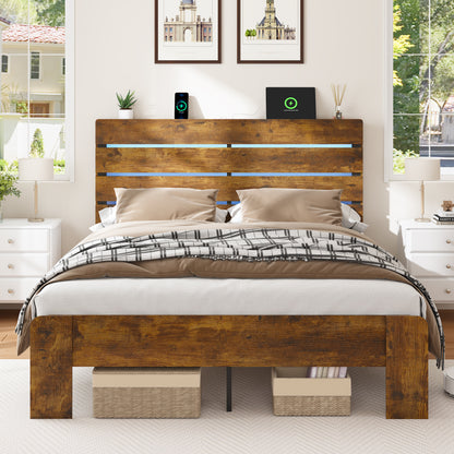 King Bed Frame with Headboard and Footboard, with Under Bed Storage, LED Lights, Charging Station,1200lbs CapacityAll-Metal Support System, No Box Spring Needed, Easy Assembly,Rustic Brown