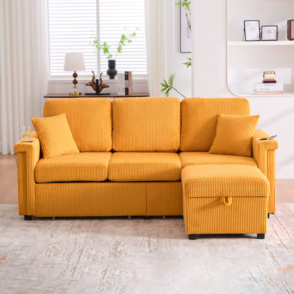 UNITED WE WIN L-Shaped Sectional Sofa with Pull-Out Storage,Ottoman & Pillows 3-Seat with USB Charging,Cup Holder, Convertible Design for Living Room, Apartment, Corduroy Fabric