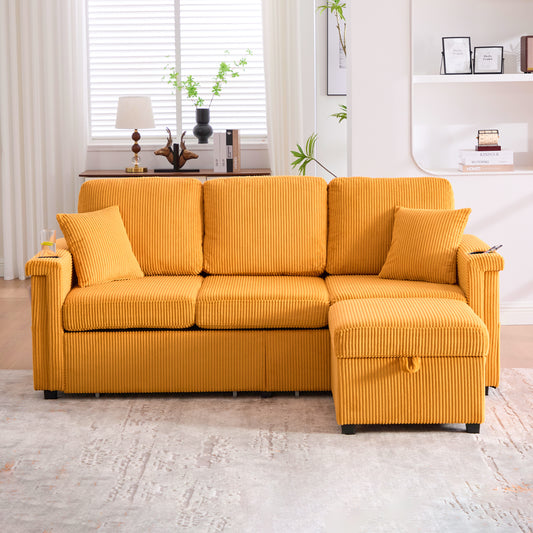 UNITED WE WIN L-Shaped Sectional Sofa with Pull-Out Storage,Ottoman & Pillows 3-Seat with USB Charging,Cup Holder, Convertible Design for Living Room, Apartment, Corduroy Fabric