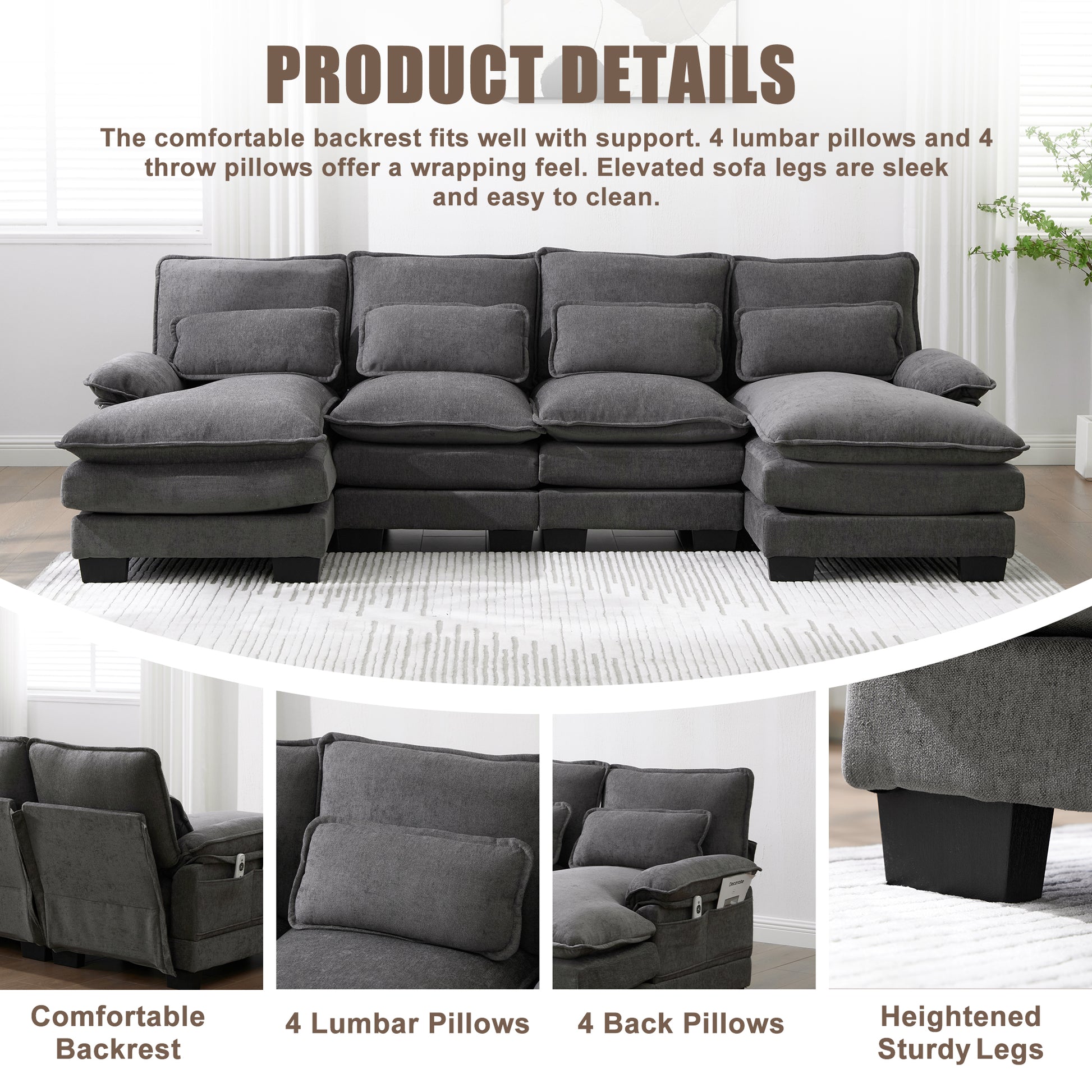 Gray Chenille 4 Seat U Shaped Sofa Sectional for Living Room