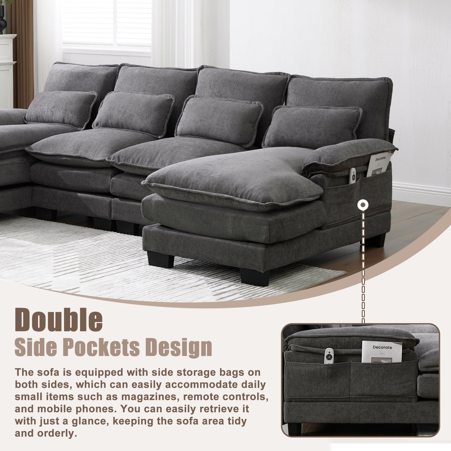 Gray Chenille 4 Seat U Shaped Sofa Sectional for Living Room