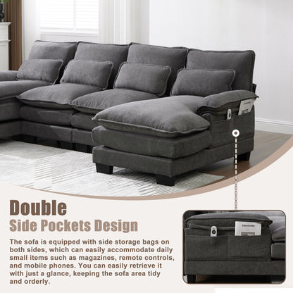 Gray Chenille 4 Seat U Shaped Sofa Sectional for Living Room