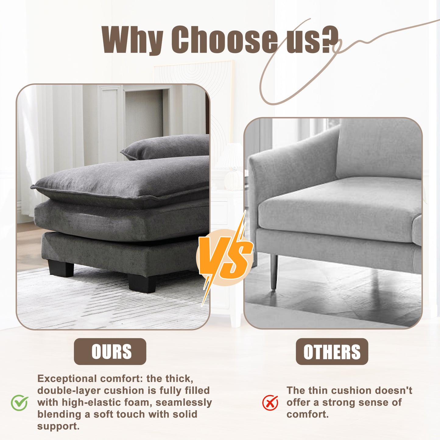 Gray Chenille 4 Seat U Shaped Sofa Sectional for Living Room