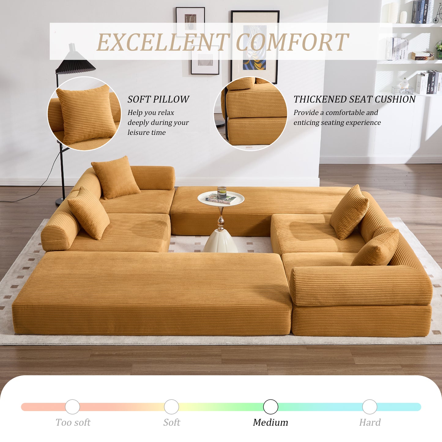 4 Seat Mustard Yellow Corduroy Sofa Bed for Living Room