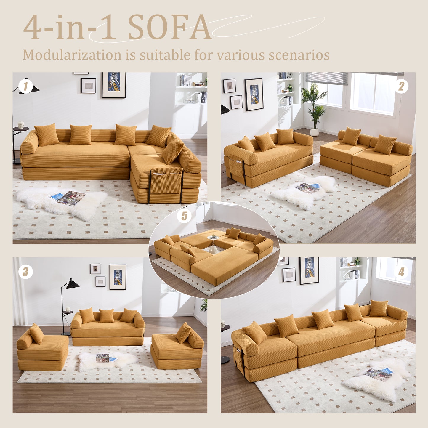 4 Seat Mustard Yellow Corduroy Sofa Bed for Living Room