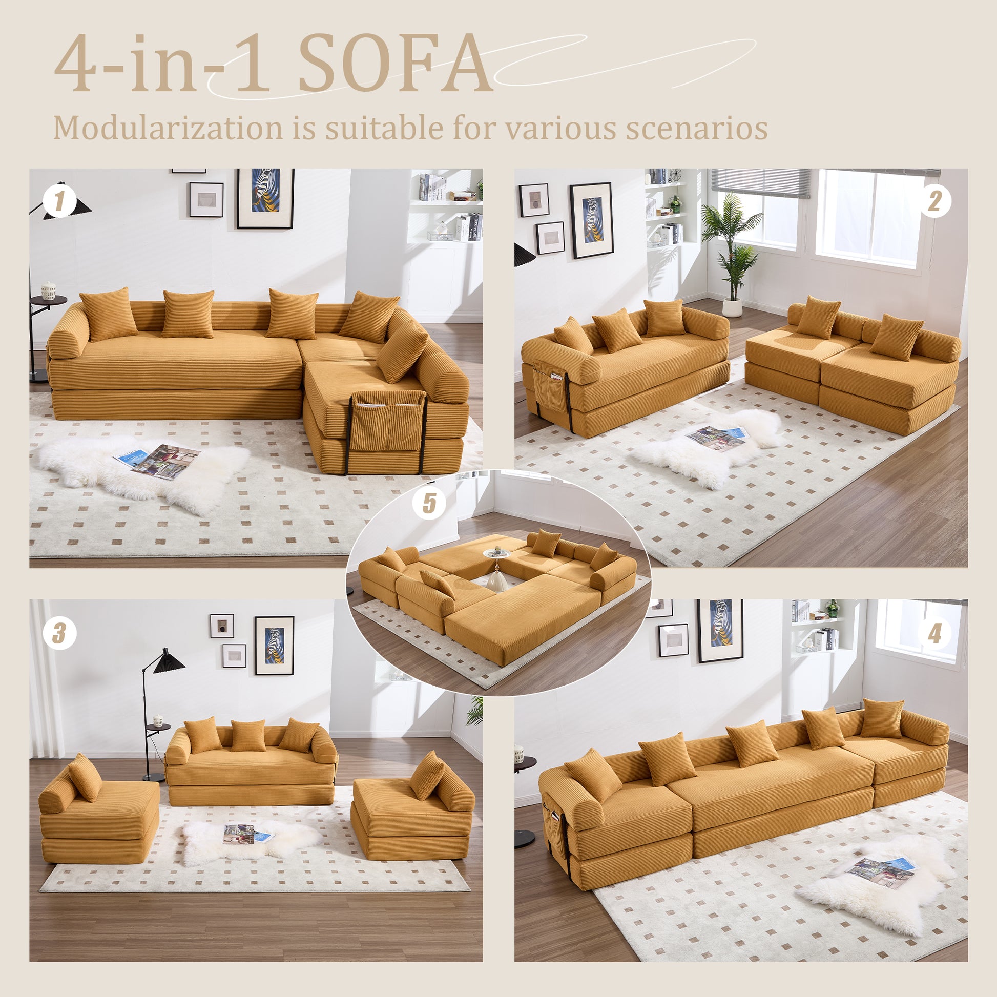 4 Seat Mustard Yellow Corduroy Sofa Bed for Living Room
