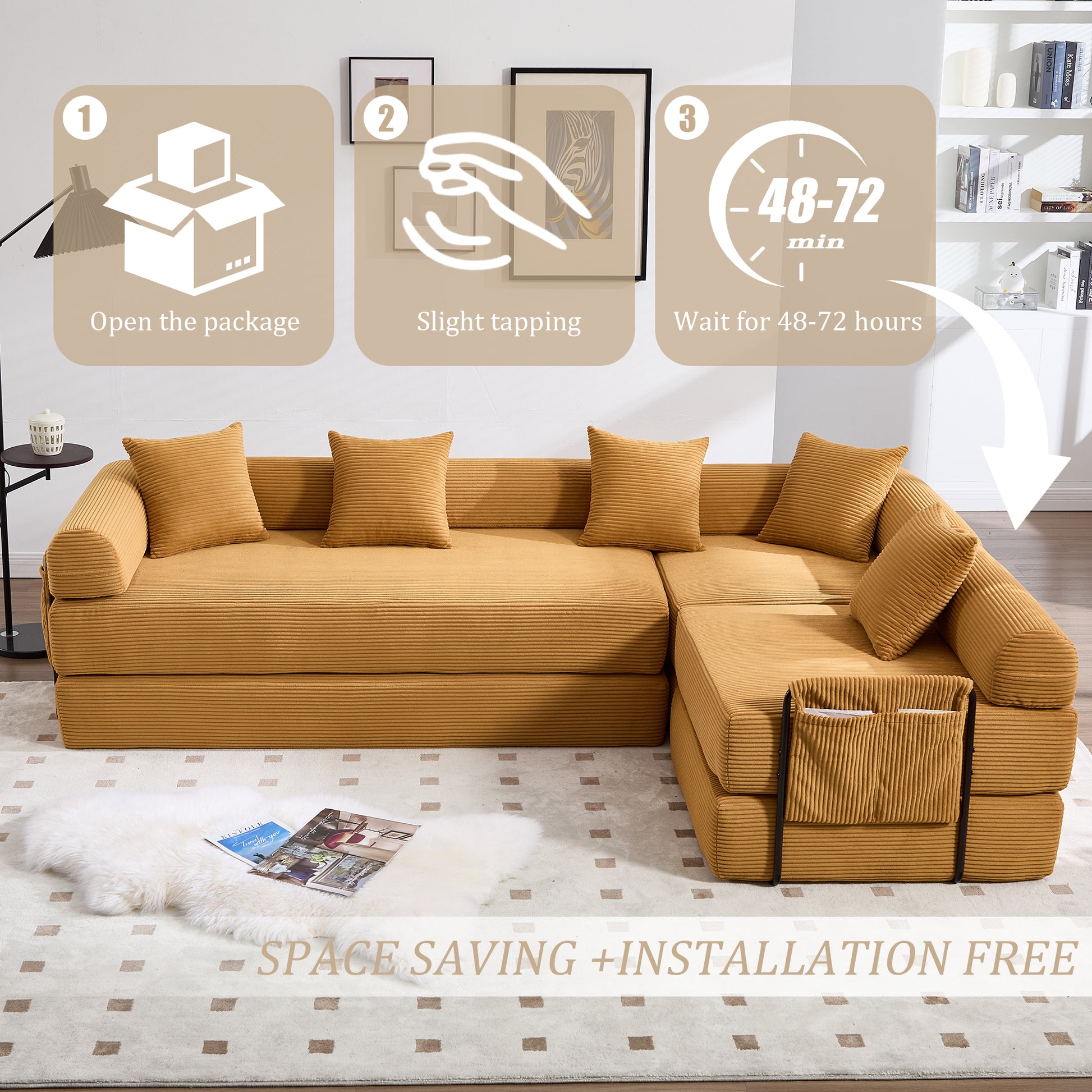 4 Seat Mustard Yellow Corduroy Sofa Bed for Living Room
