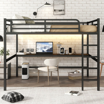 Black Metal Queen Loft Bed with Desk for Space-Saving Sleep for Bedroom