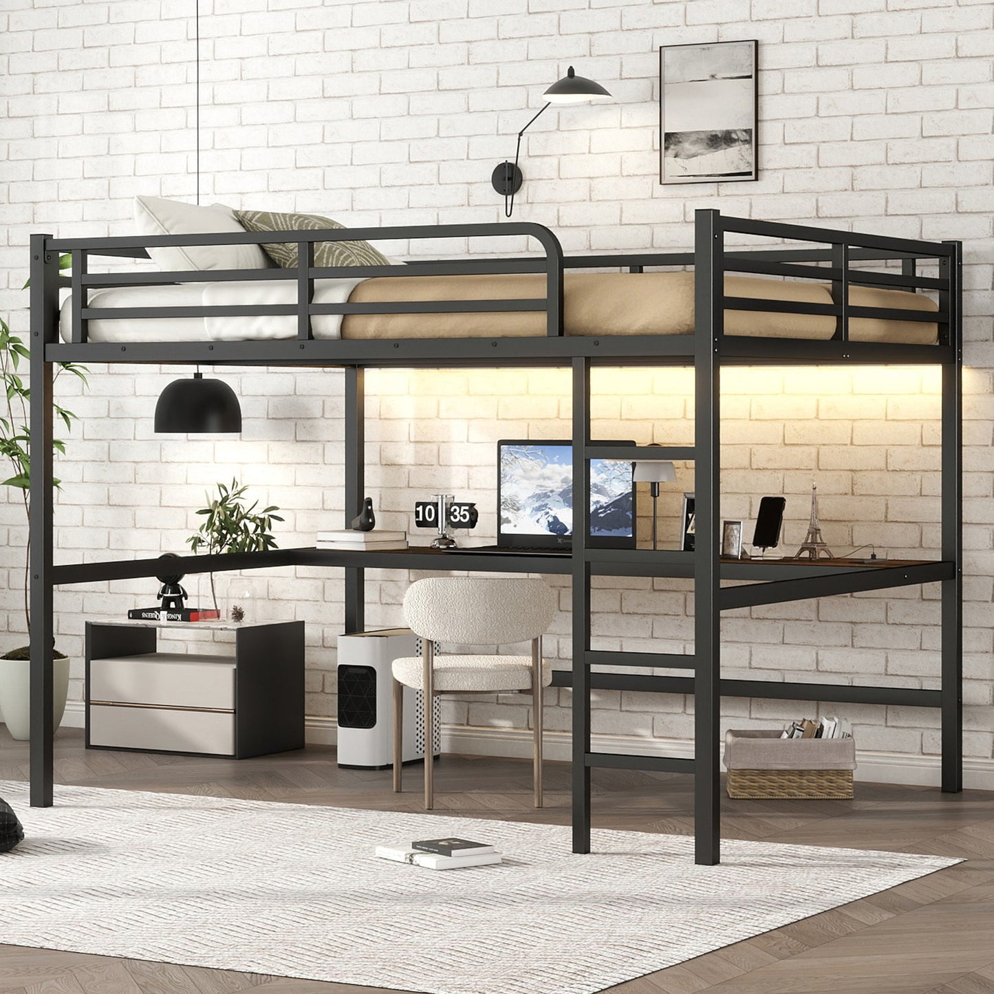 Black Metal Queen Loft Bed with Desk for Space-Saving Sleep for Bedroom