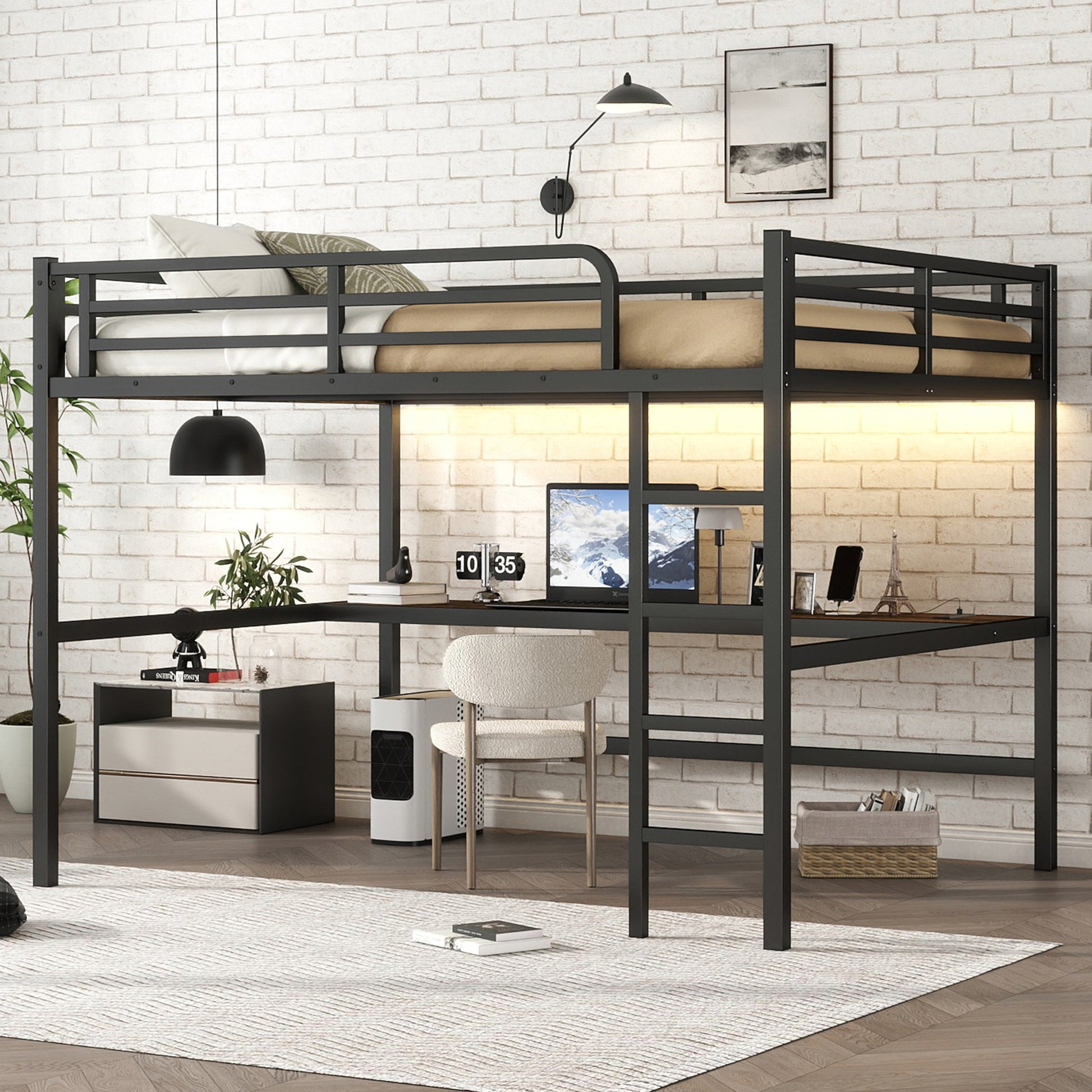 Black Metal Queen Loft Bed with Desk for Space-Saving Sleep for Bedroom