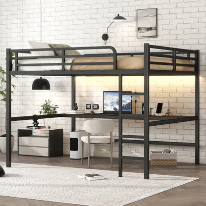 Black Metal Queen Loft Bed with Desk for Space-Saving Sleep for Bedroom