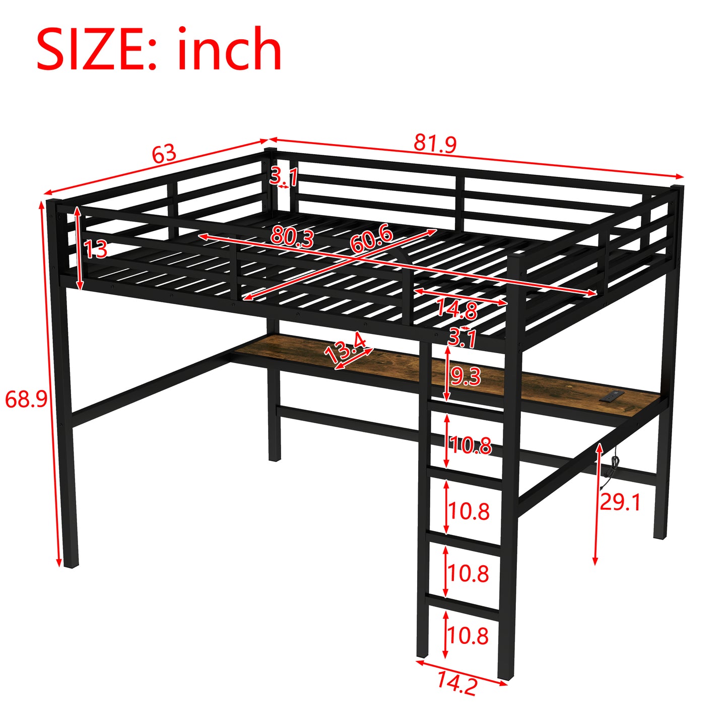 Black Metal Queen Loft Bed with Desk for Space-Saving Sleep for Bedroom
