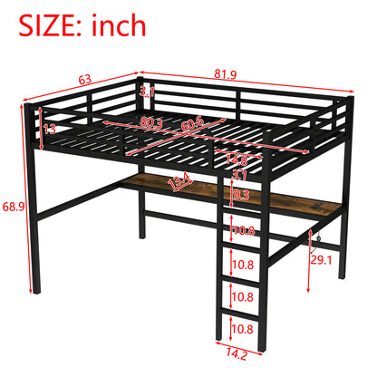 Black Metal Queen Loft Bed with Desk for Space-Saving Sleep for Bedroom