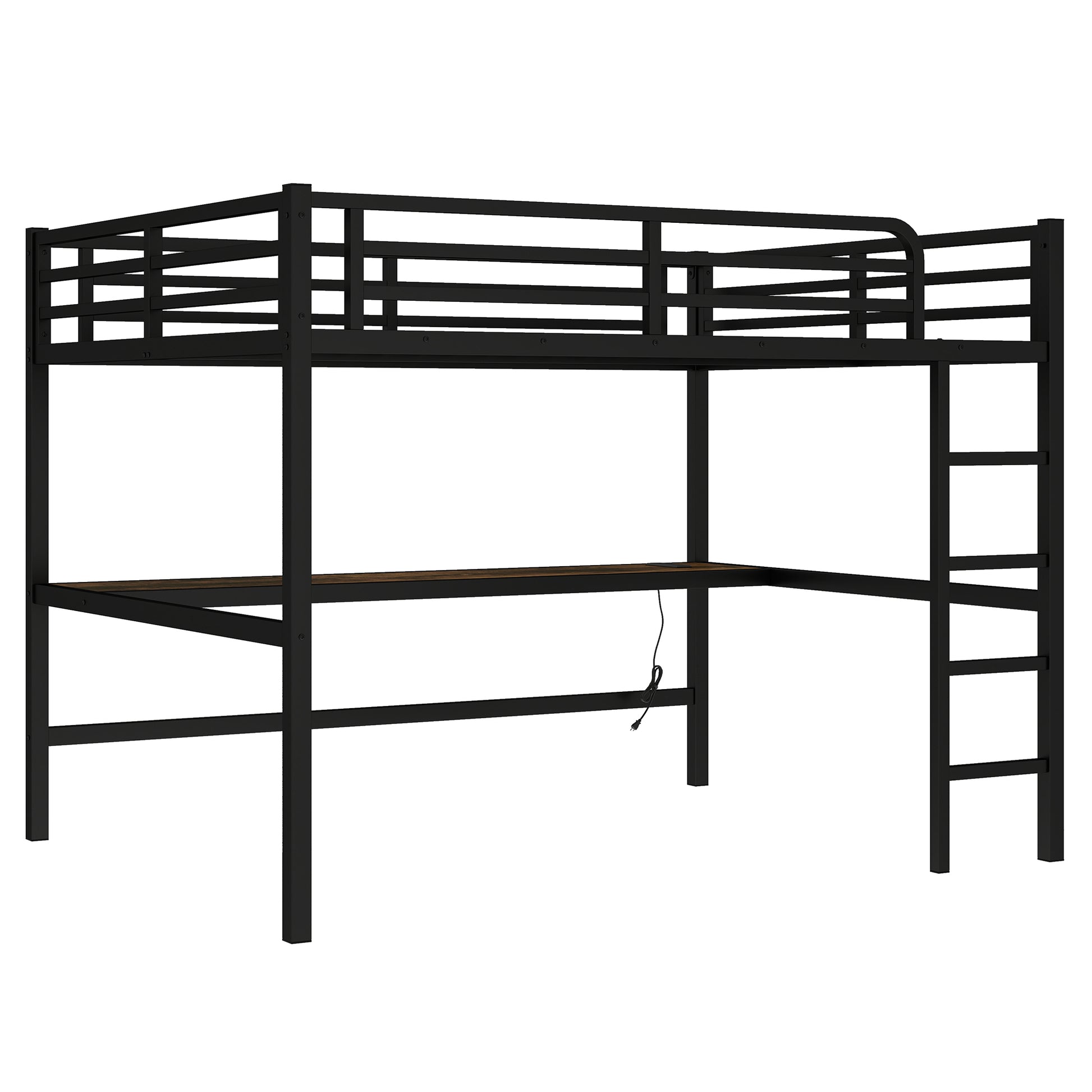 Black Metal Queen Loft Bed with Desk for Space-Saving Sleep for Bedroom