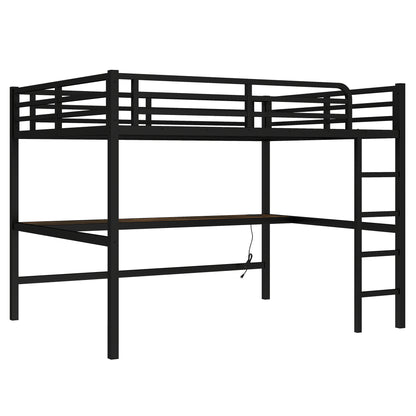 Black Metal Queen Loft Bed with Desk for Space-Saving Sleep for Bedroom