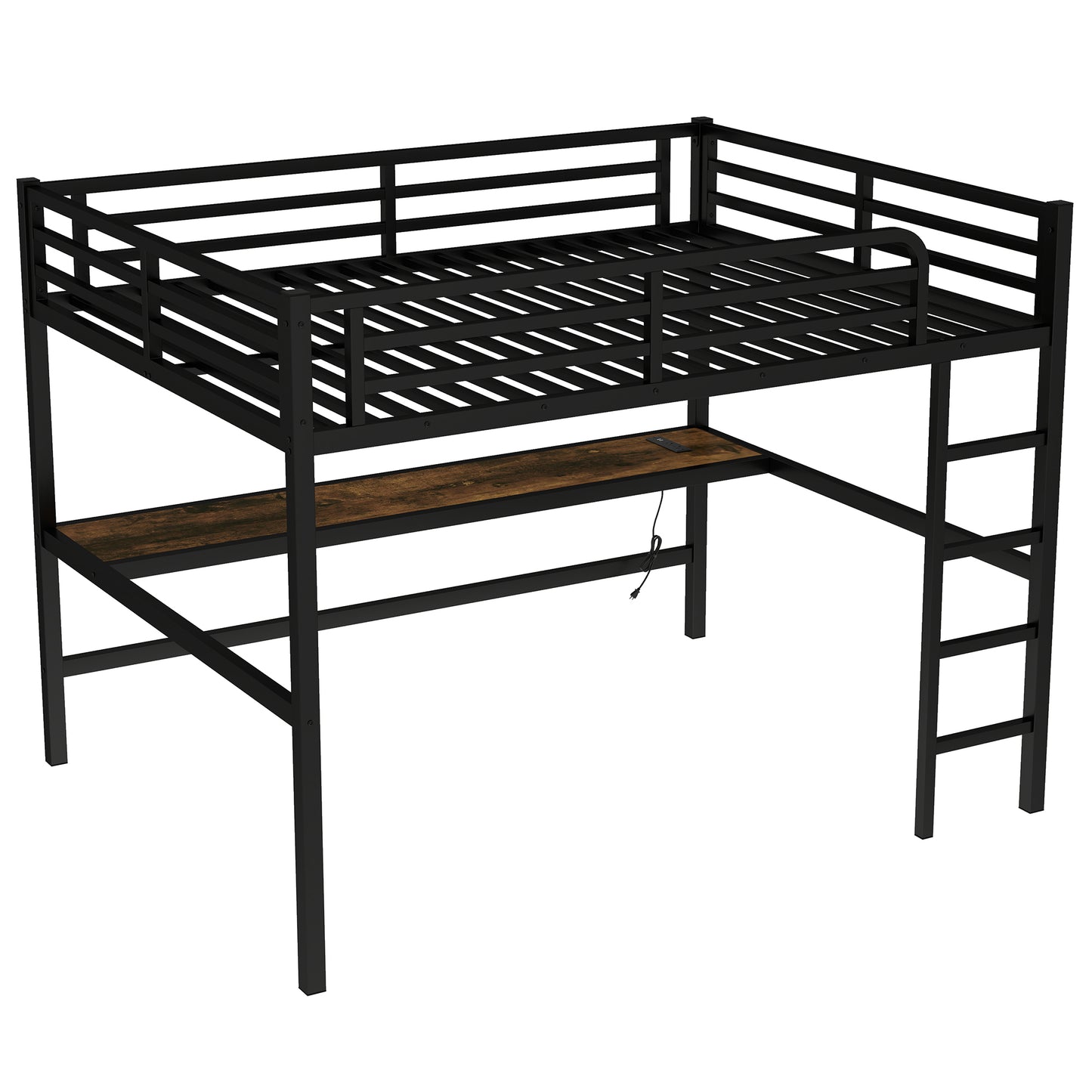 Black Metal Queen Loft Bed with Desk for Space-Saving Sleep for Bedroom