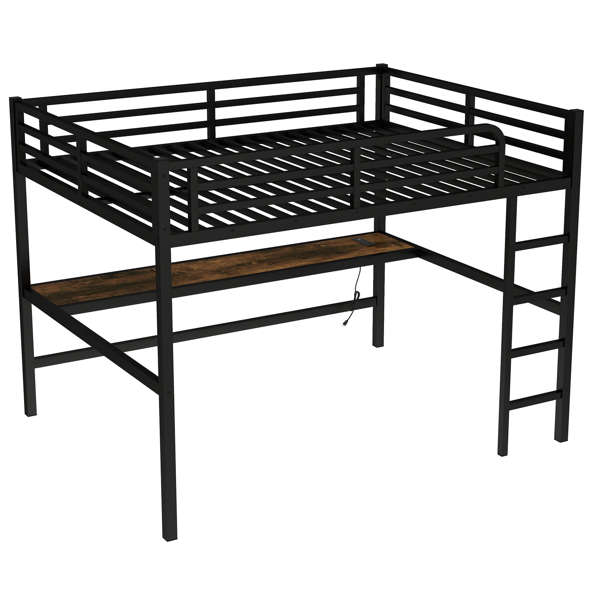 Black Metal Queen Loft Bed with Desk for Space-Saving Sleep for Bedroom