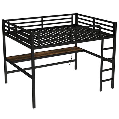 Black Metal Queen Loft Bed with Desk for Space-Saving Sleep for Bedroom