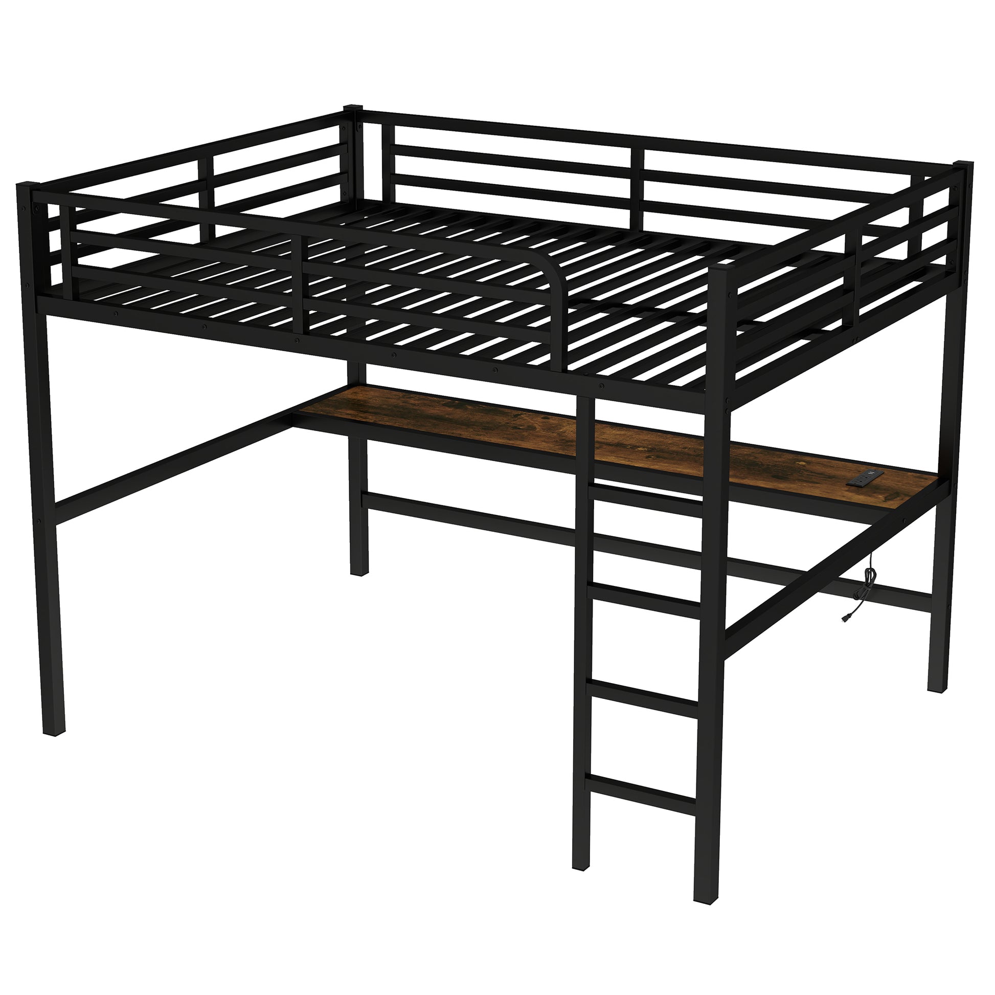 Black Metal Queen Loft Bed with Desk for Space-Saving Sleep for Bedroom