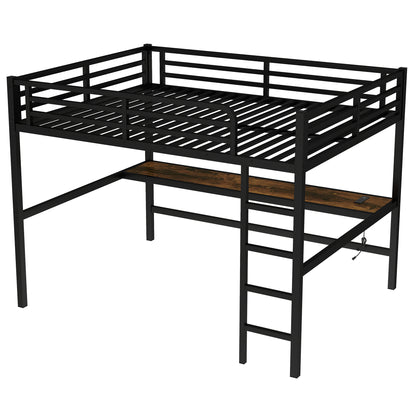 Black Metal Queen Loft Bed with Desk for Space-Saving Sleep for Bedroom