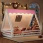 Full Size House Floor Bed with Tent and Light, Solid Wood Teepee Floor Bed with Full-length Guardrails, Montessori and Childlike Design, White+Pink