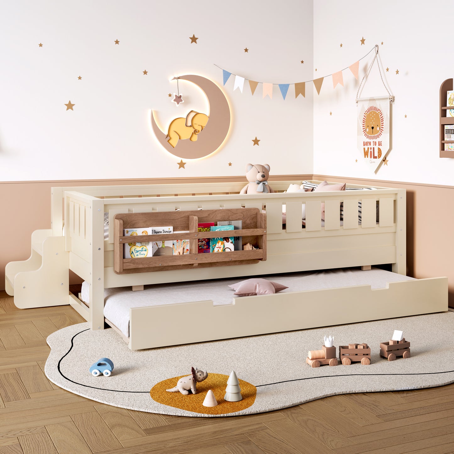 Twin Bed with Built-in Bookshelves Beige for Bedroom