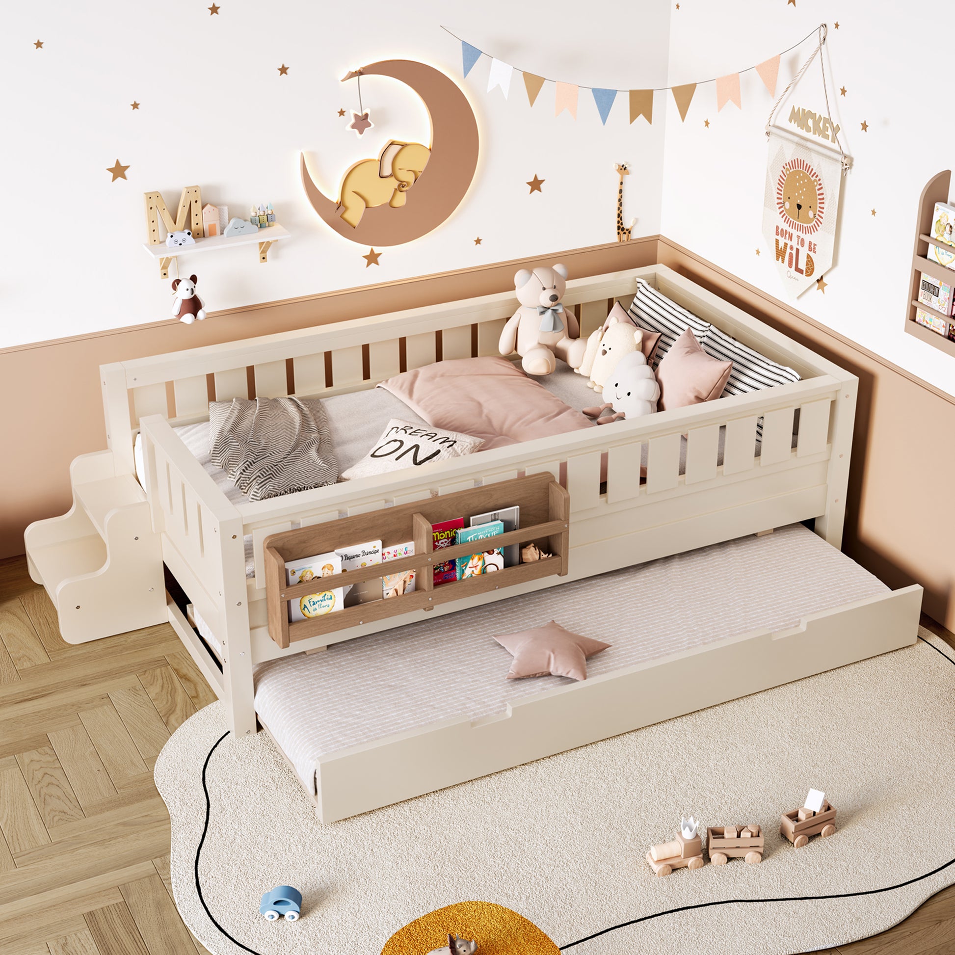Twin Bed with Built-in Bookshelves Beige for Bedroom