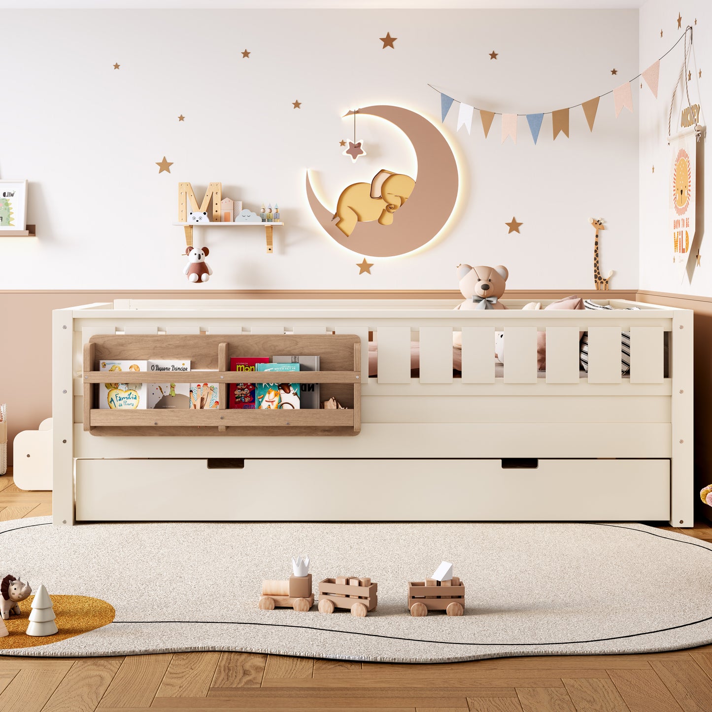Twin Bed with Built-in Bookshelves Beige for Bedroom
