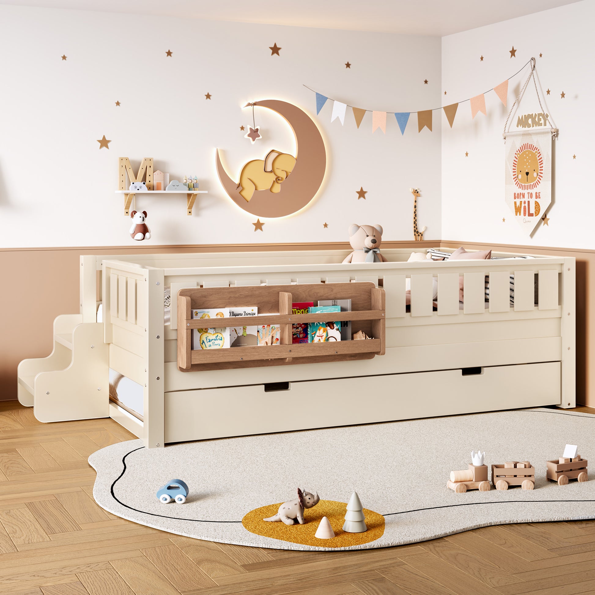 Twin Bed with Built-in Bookshelves Beige for Bedroom