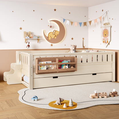 Twin Bed with Built-in Bookshelves Beige for Bedroom