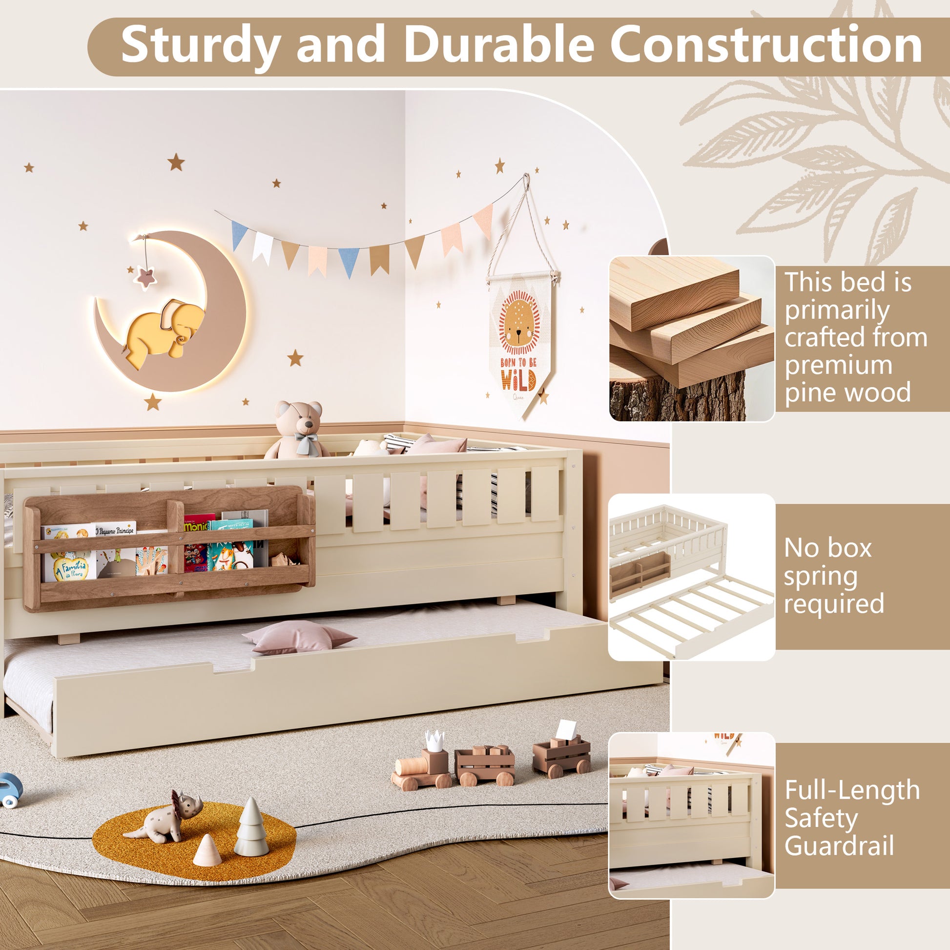 Twin Bed with Built-in Bookshelves Beige for Bedroom