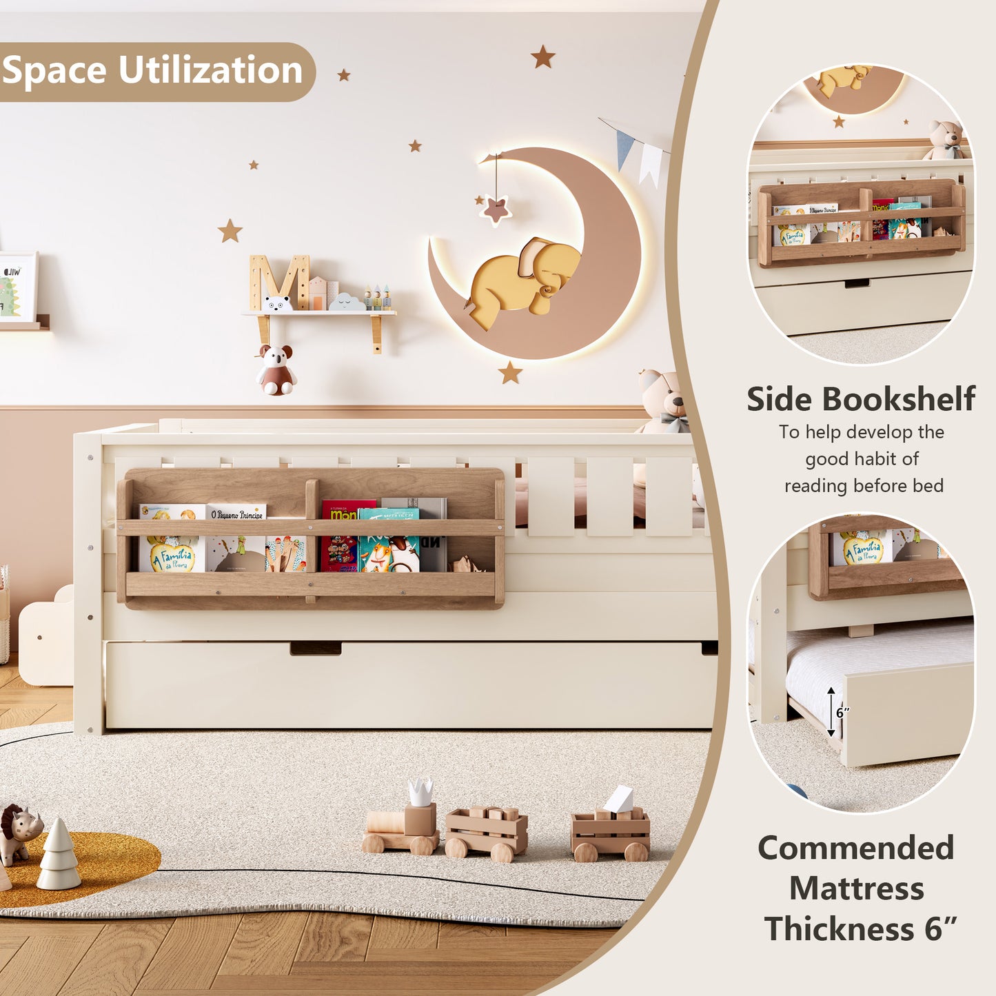 Twin Bed with Built-in Bookshelves Beige for Bedroom