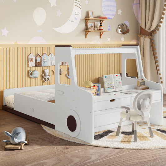 Twin Size Floor Bed with Interesting Car-shape Design, Kids Car Floor Bed with Storage Drawers, Window, and Desk, Childlike Design, White