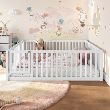 Full Size Bed Floor Bed with Safety Guardrails and Door for Kids,White