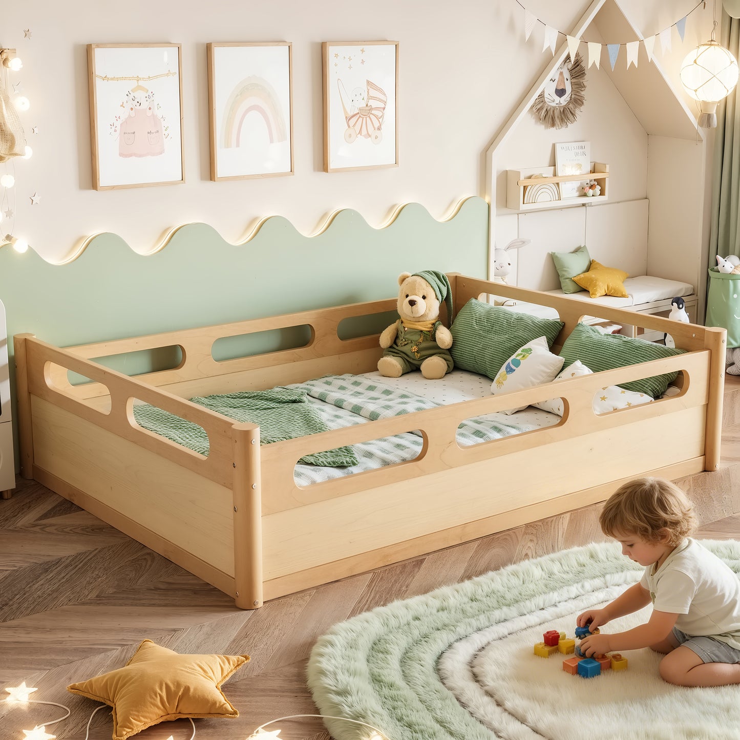 Full Size Floor Platform Bed with Full-length Guardrails, Low Profile Full Bed Frame, No Box Spring Needed, Natural
