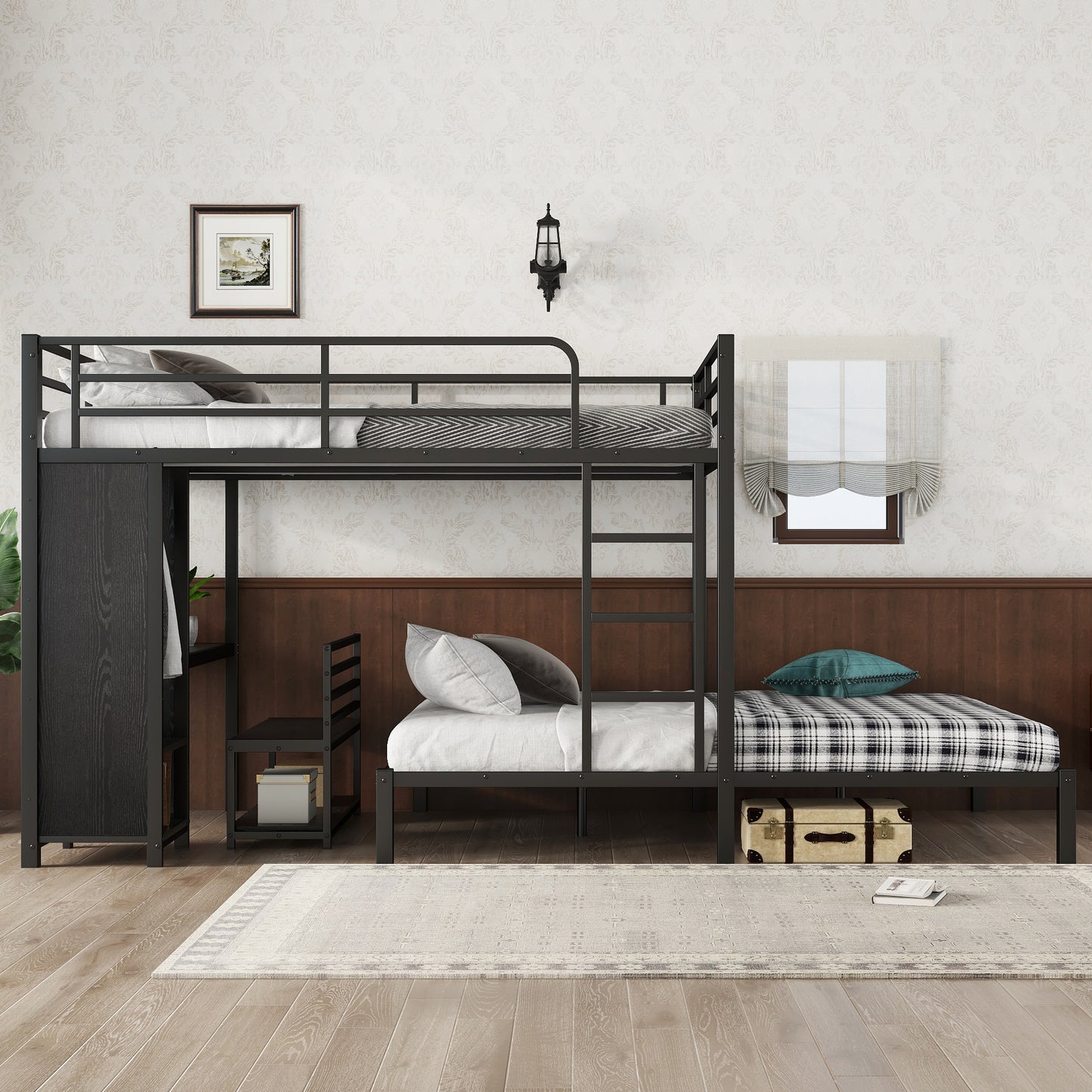 Queen Over Queen Bunk Bed Frame - Black with Wardrobe & Desk for Bedroom
