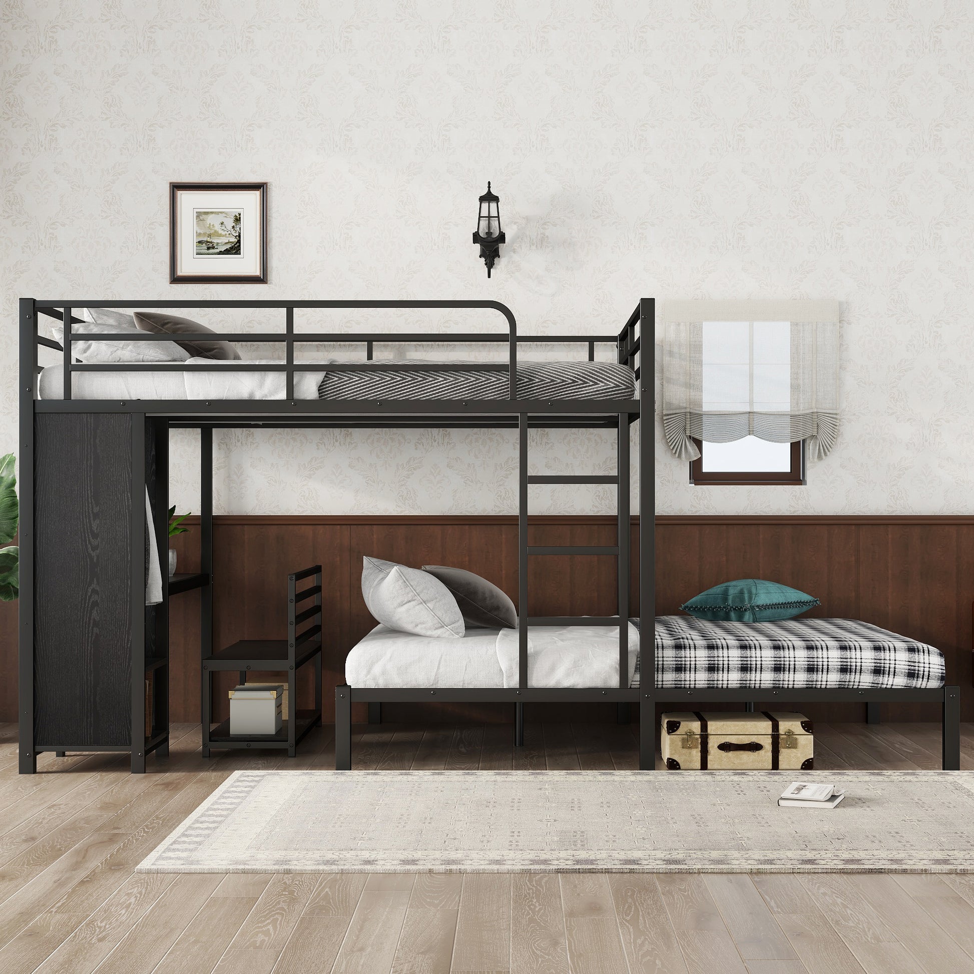 Queen Over Queen Bunk Bed Frame - Black with Wardrobe & Desk for Bedroom