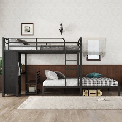 Queen Over Queen Bunk Bed Frame - Black with Wardrobe & Desk for Bedroom